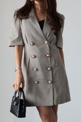 notched lapel collar big pearl button check pattern dress / brown