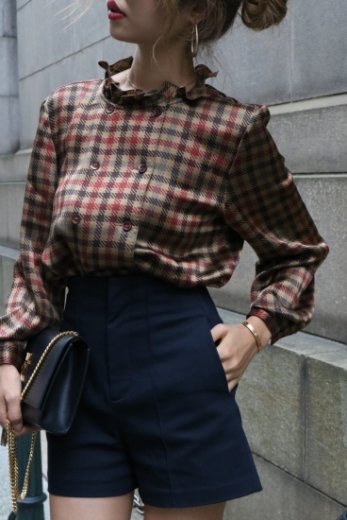 【vintage】VALENTINO / frill collar design check pattern napoleon silk blouse