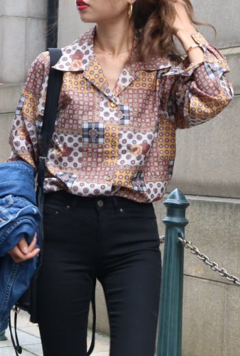 vintageopen collar retro flower pattern blouse