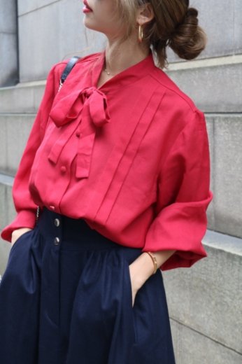vintagestand collar front ribbon retro blouse