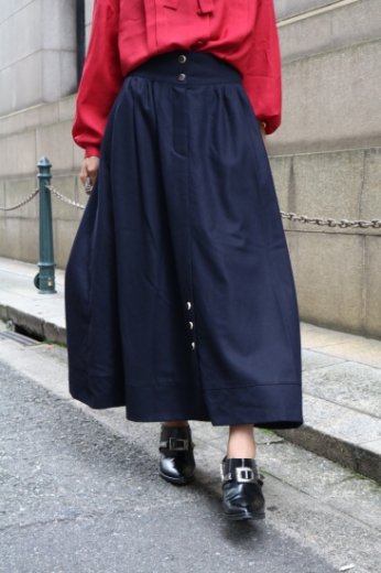 【vintage】front button wool flare skirt / black
