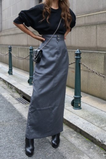 【vintage】front slit long straight skirt / gray