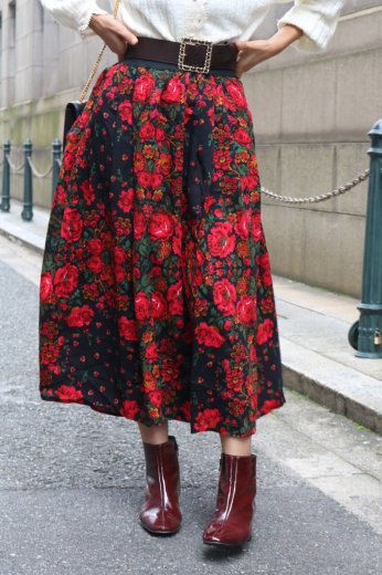 【vintage】rose pattern waist gather flare skirt