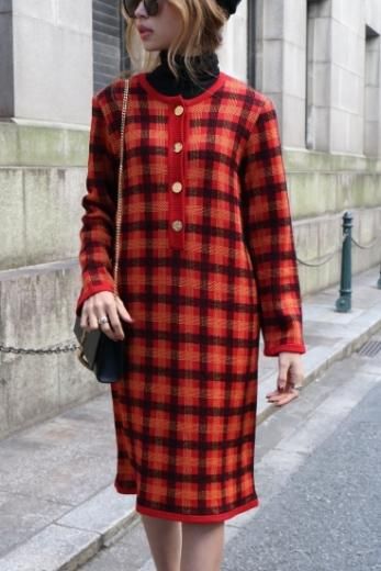 vintageYves Saint Laurent / logo motif gold button check pattern dress / red