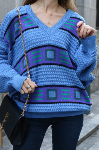 vintageYves Saint Laurent / V neck edge design knit tops / light blue