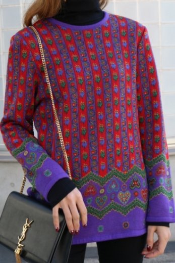 vintageYves Saint Laurent / round neck bohemian pattern knit tops