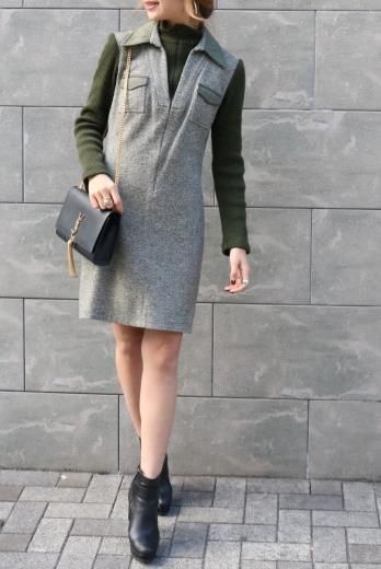 vintageFENDI / open collar turtle neck rib knit layered dress / green