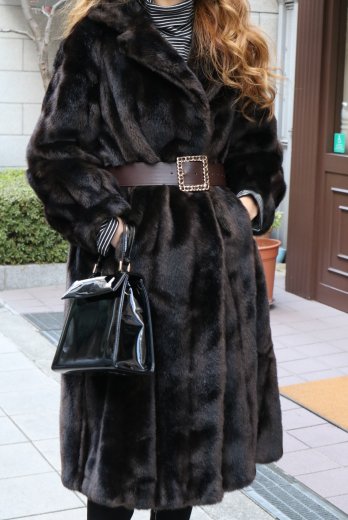 vintagenotched lapel collar fake fur coat / dark brown