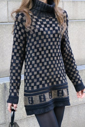 vintageFENDI / turtle neck check pattern knit tops