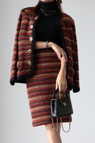 vintageYves Saint Laurent / gold retro button collarless knit jacket  skirt set up