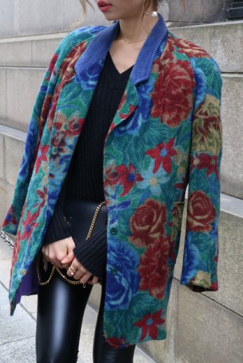 vintageKENZO / flower pattern corduroy yoke notched lapel color wool jacket
