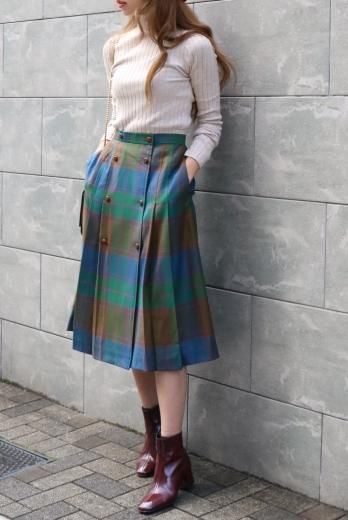 vintageChristian Dior / front wood button check pattern pleats skirt