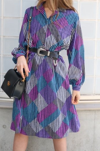 vintageopen collar multi color stripe pattern flare dress