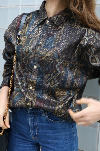 vintagestandard collar ethnic pattern blouse