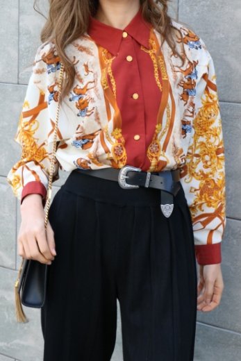 vintagefront gold bijou button scarf pattern blouse
