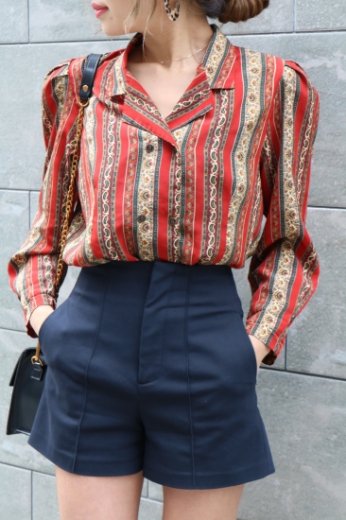 vintageopen collar double button paisley pattern blouse