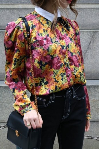vintagefront velours ribbon flower pattern blouse