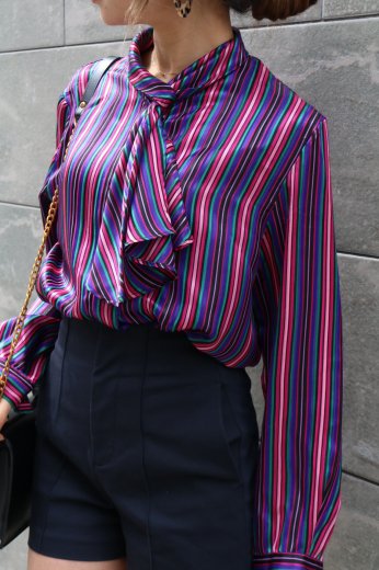 vintagescarf collar multi color stripe pattern blouse