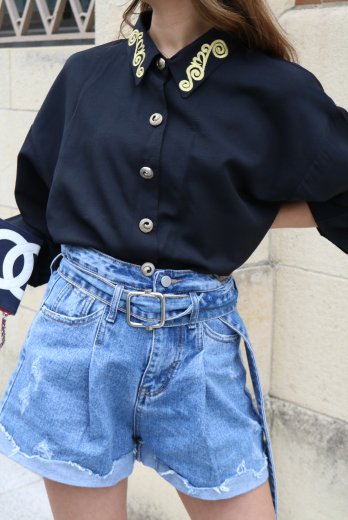 vintagesilver retro button embroidery collar black blouse