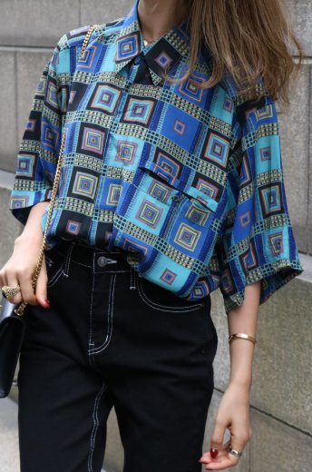 vintagefly front button geometric pattern silk blouse 