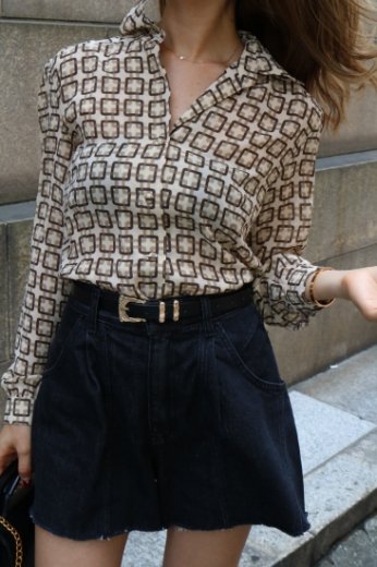 【vintage】geomentry pattern blouse / brown/beige