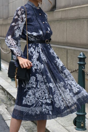 vintagestand collar see-through sleeve flower pattern pleats dress / navy