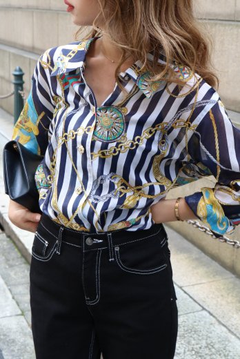 vintageflower button scarf pattern see-through blouse