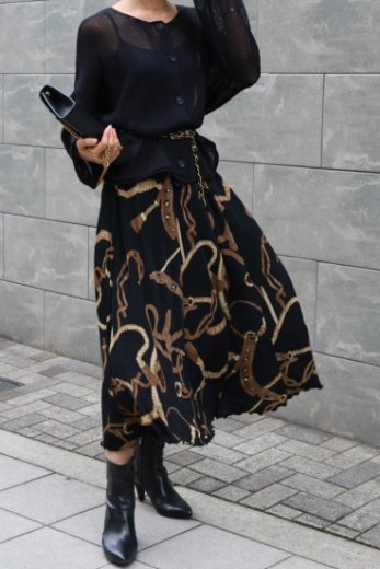 vintagewaist gather scarf motif pattern stretch flare skirt / black