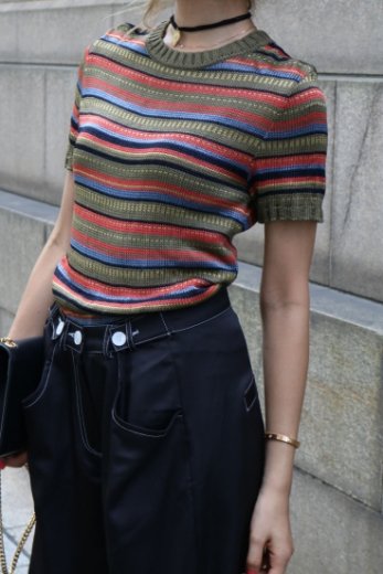 vintageYves Saint Laurent / round neck multi color stripe pattern summer knit tops