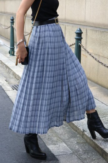 【vintage】check pattern long pleats skirt / gray