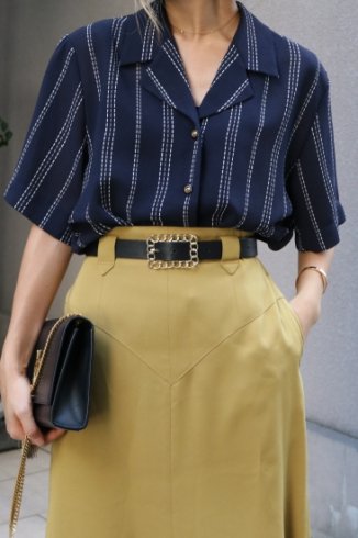 vintageopen collar stripe pattern blouse / navy