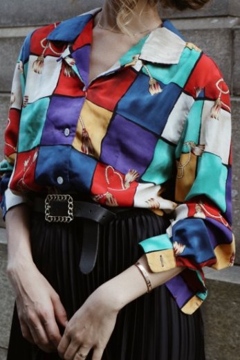 vintageopen collar scarf pattern multi color blouse