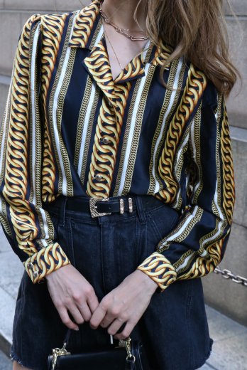 vintageopen collar gold chain rings pattern silk blouse