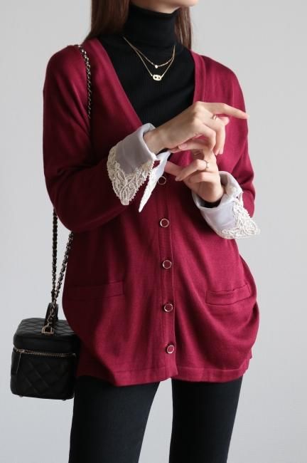 vintage】Christian Dior / lace cuffs V neck silk cardigan