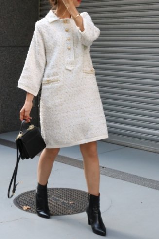<img class='new_mark_img1' src='https://img.shop-pro.jp/img/new/icons20.gif' style='border:none;display:inline;margin:0px;padding:0px;width:auto;' />front gold button tweed dress / white