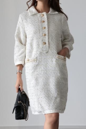 front gold button tweed dress / white