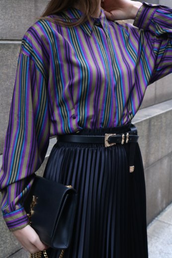 【vintage】standard collar multi collar stripe pattern blouse