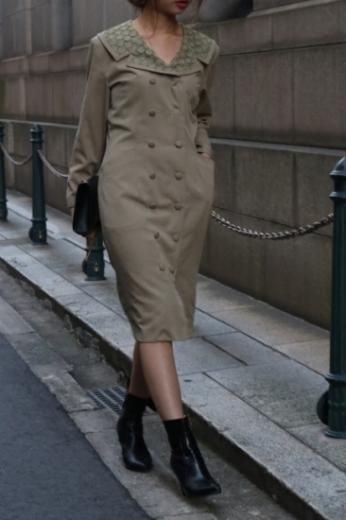 vintageembroidery flower collar double button dress / khaki