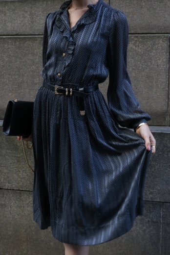 vintageopen frill collar dot pattern flare dress / black