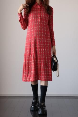 vintage】CELINE / 80's chain motif silk dress - Madder vintage vintage】CELINE / 80's chain motif silk dress - Madder vintage