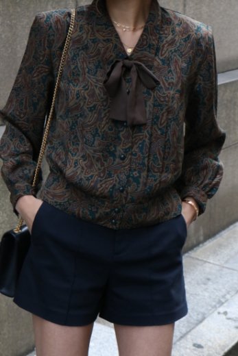 【vintage】front ribbon paisley pattern blouse / khaki