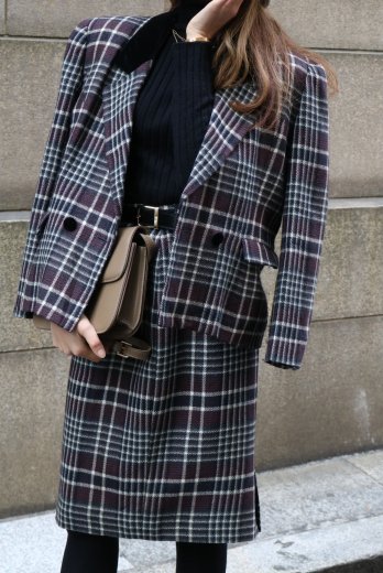 【vintage】notched lapel collar madras check pattern jacket & narrow skirt set up