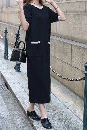 round neck bicolor summer knit dress / black - Madder vintage