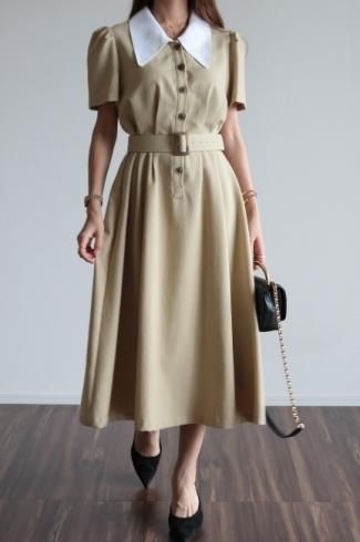 <img class='new_mark_img1' src='https://img.shop-pro.jp/img/new/icons56.gif' style='border:none;display:inline;margin:0px;padding:0px;width:auto;' />barrymore collar tuck design retro flare dress (belt set) / beige