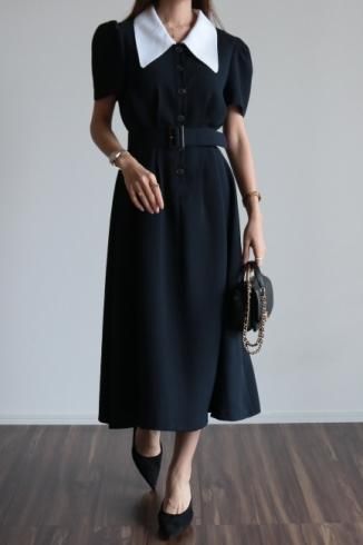 <img class='new_mark_img1' src='https://img.shop-pro.jp/img/new/icons56.gif' style='border:none;display:inline;margin:0px;padding:0px;width:auto;' />barrymore collar tuck design retro flare dress (belt set) / navy