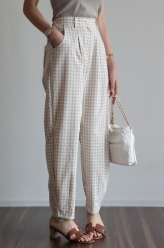 gingham check tepered pants / beige