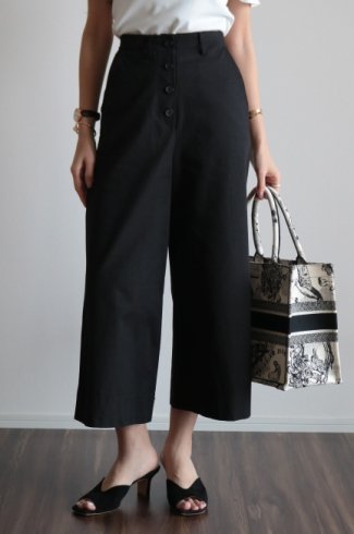 waist adjustment button wide cotton pants / black