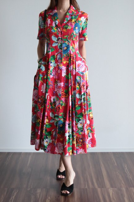 vintage】KENZO / open collar floral button down long shirt dress 