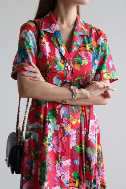 vintage】KENZO / open collar floral button down long shirt