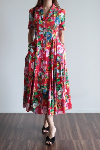 【vintage】KENZO / open collar floral  button down long shirt dress